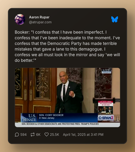 Booker: "I confess that I have been imperfect. I confess that I've been inadequate to the moment. I've confess that the Democratic Party has made terrible mistakes that gave a lane to this demagogue. I confess we all must look in the mirror and say 'we will do better.'"