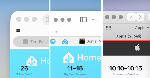 Collage of three screenshots, showing a comparison of the upper left corner of Safari between Mac OS 10.10–10.15, 11–15 and 26. With each redesign, the Safari UI gets taller.